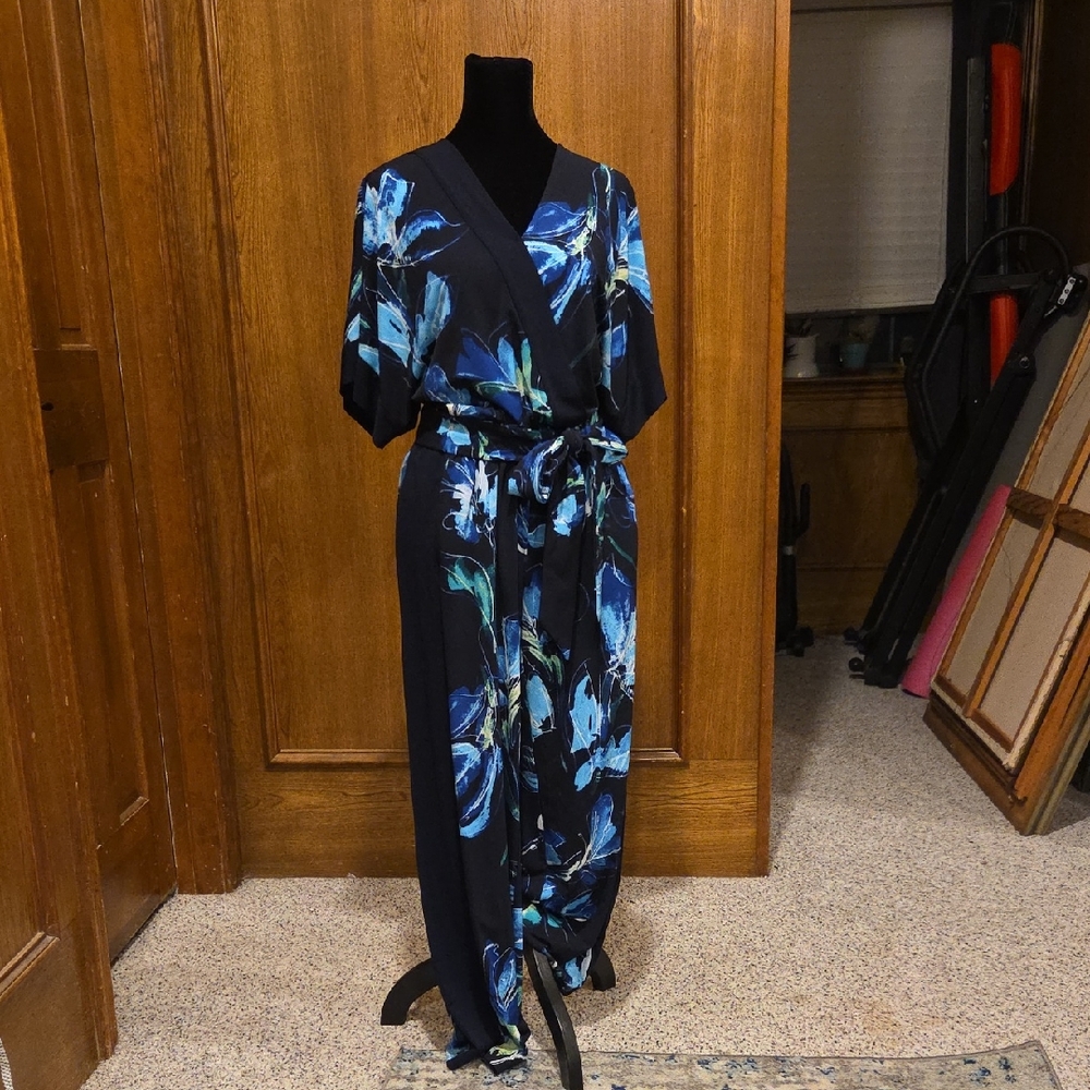 Susan Graver Blue and Black Floral Jumpsuit